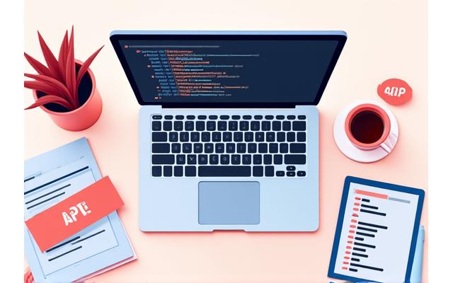 Illustration of a developer workstation with code editor showing API endpoint examples, representing comprehensive documentation.