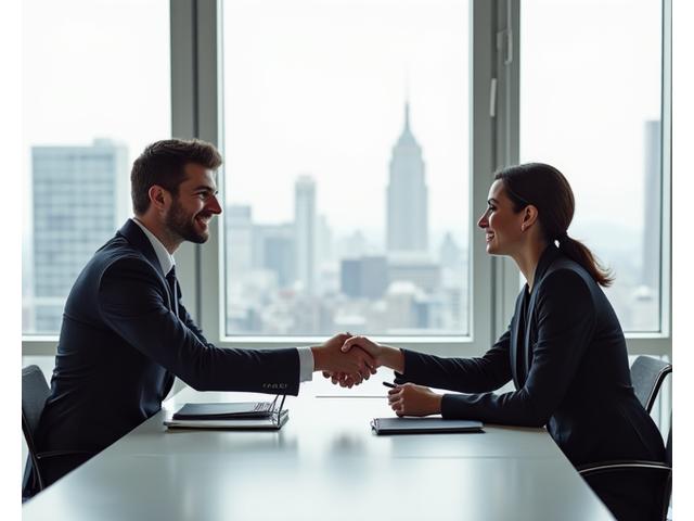 Two business professionals shaking hands in a modern, light-filled office, symbolizing partnership and collaboration.