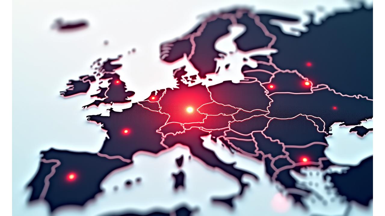 Detailed interactive map highlighting Switzerland in red, with routes and adjacent countries subtly indicated. Modern UI elements point to various countries with simplified flags and data overlays.