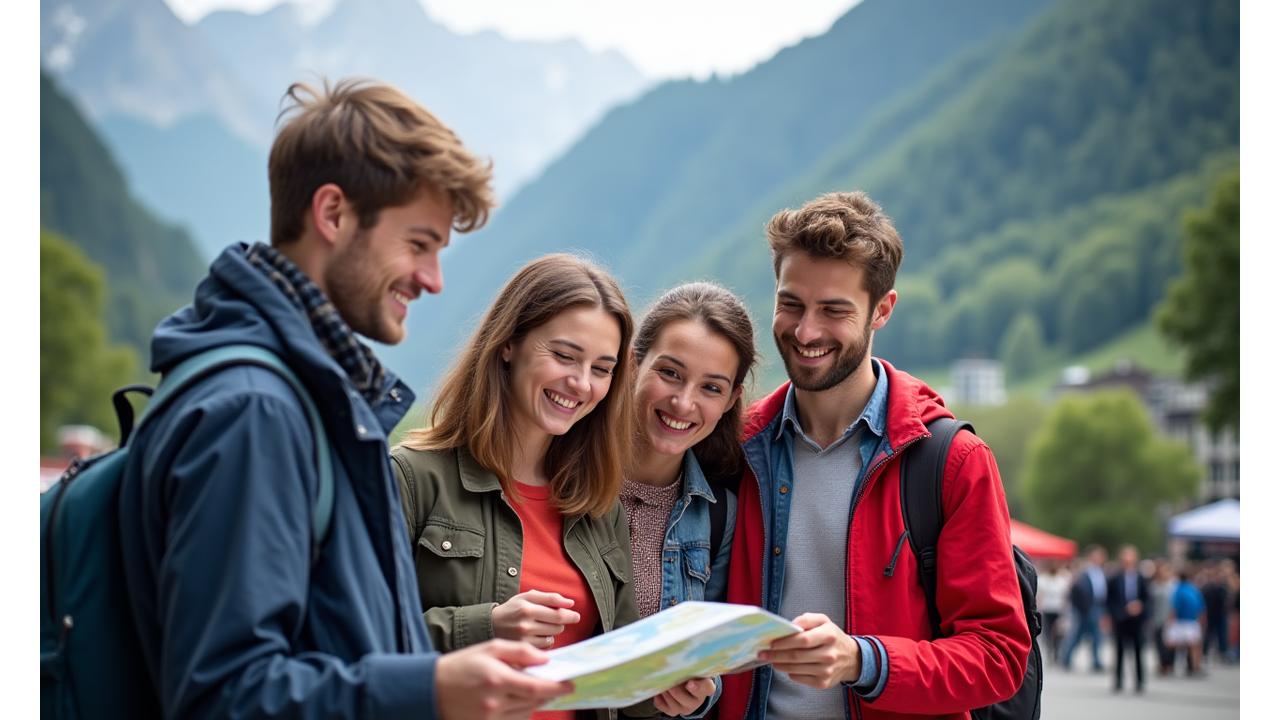 A diverse group of tourists engaging with a local guide against a backdrop of the Swiss Alps and a modern city, representing cultural exchange. They are smiling and looking at a map.