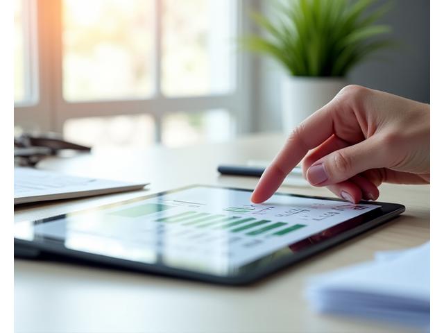 A neatly organized desk with digital documents displayed on a tablet and laptop, with compliance badges subtly integrated into the screen. A hand is pointing at a digital certificate.