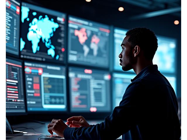 A dimly lit control room with multiple screens displaying maps and communication channels, indicating 24/7 emergency support. A diverse team member is on a headset, focused.