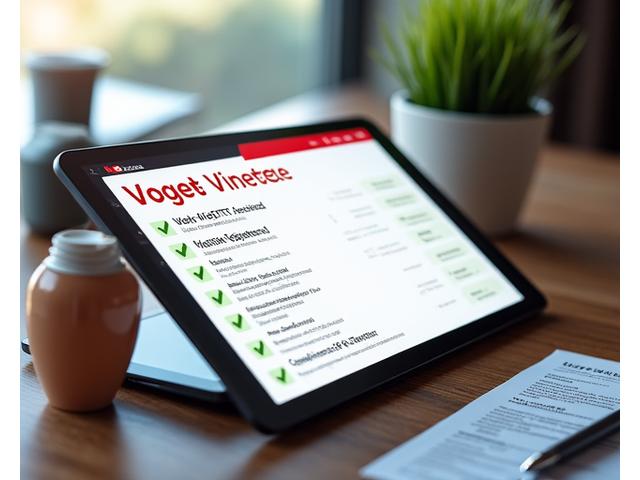 A digital checklist interface with green checkmarks next to various compliance requirements, set against a modern office background. Legal documents and a pen are subtly visible.
