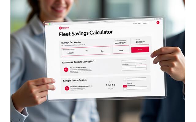 Interactive calculator interface showing sliders for fleet size and projected cost savings for Swiss vignettes.