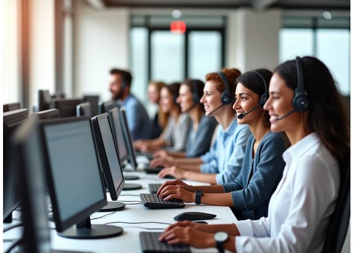 Multilingual customer support team engaged in assisting callers