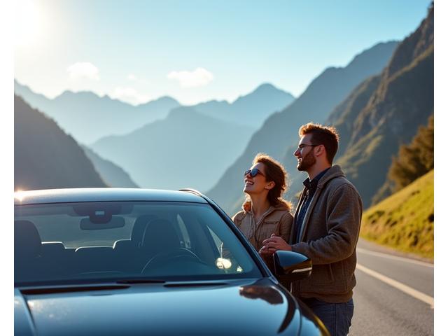 Couple on a scenic road trip in Switzerland using a digital vignette