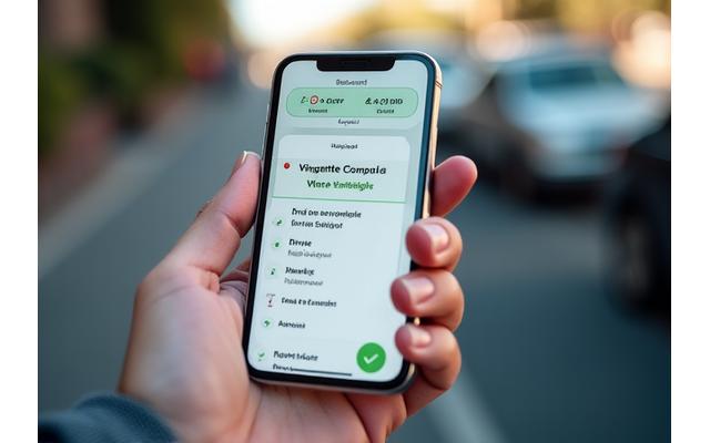 Illustration of a smartphone app showing ride-sharing vehicle selection with a green checkmark for vignette compliance