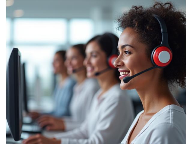 A diverse group of customer service representatives wearing headsets, smiling and ready to assist, in a modern, brightly lit call center environment.