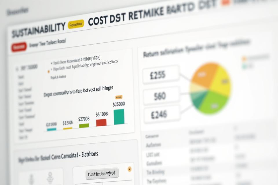Cost optimization dashboard illustrating ROI calculations, budget allocation for sustainability programs, and financial reporting.