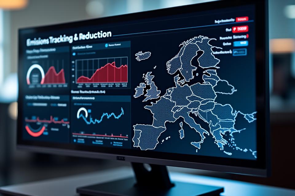 Emissions tracking dashboard showing charts, graphs, and optimization tools for fleet carbon footprint reduction.
