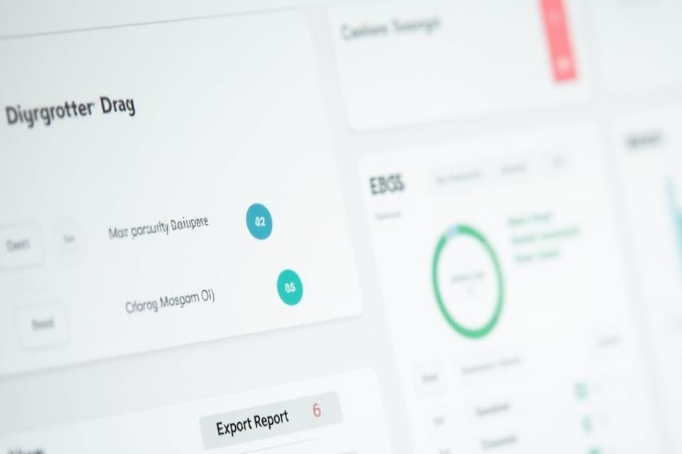 ESG dashboard displaying reporting widgets, charts for sustainability metrics, and export options, emphasizing corporate responsibility.