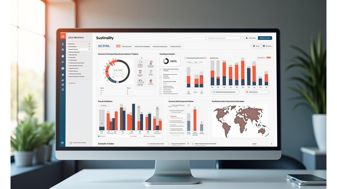 Interactive sustainability dashboard showing ESG metrics, carbon footprint, and compliance indicators for a corporate fleet.
