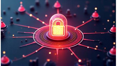Stylized abstract data flow with padlock icon, representing secure digital privacy and data protection policies, in a clean, modern aesthetic